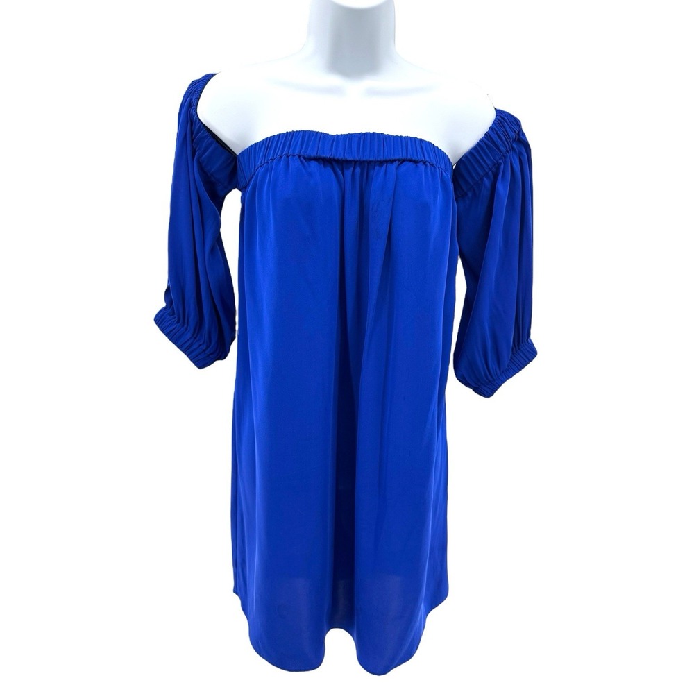 Milly Silk Off Shoulder Mini Dress Blue L Made in USA Boho Resort Vacation